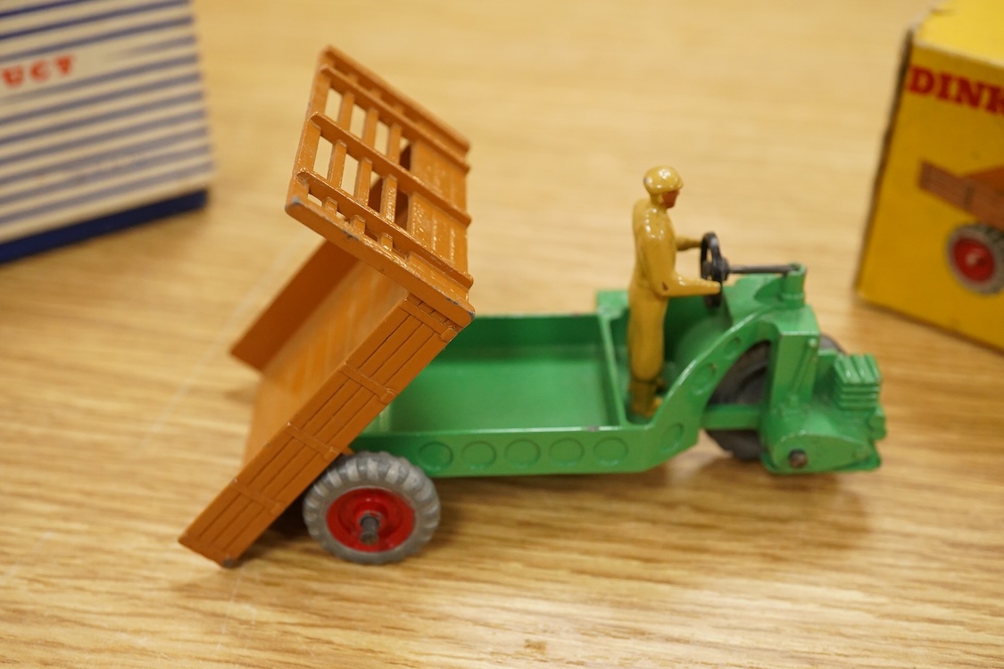 Nine Dinky Toys; Big Bedford Heinz van (923), Austin Atlantic Convertible (106), Austin-Healey 100 (109), M.G. Midget (108), Cunningham C-5R (133), Motocart (342), Austin Champ (674), Army Covered Wagon (623), and Army 1